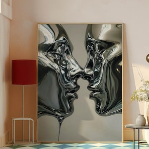 Surreales, metallisches Gesicht Art Print – Abstraktes flüssiges Paar Poster, modernes Chrom Wanddekor, futuristisches ästhetisches Kunstwerk
