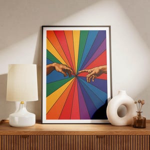 Hand Connection LGBT Poster - LGBT Pride Michelangelo Wall Art - Rainbow Art Print - Pride Home Decor - Vibrant Boho  Home Artwork