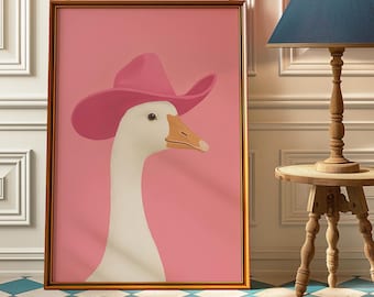 Silly Cowboy Goose Wall Art - Funny Vintage Goose With Pink Cowboy Hat Print -  Retro Cowboy Nursery Decor - Boy Room Animal Wall art