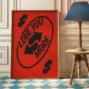 Impresión moderna "Love You More", arte de pared retro invertido de Uno, póster de naipes, arte de pared femenino, arte de pared retro para decoración del hogar y regalo romántico