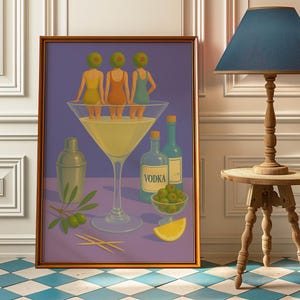 Dirty Martini Bar Mid Century Modern Poster Druck - Frau in Martini Olive Kopf Kunstdruck - Vintage Martini Wandkunst - Retro Cocktail Poster