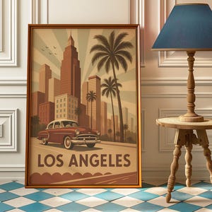 Vintage Los Angeles Poster Retro Travel Print | Mid Century Wall Art | LA Skyline Decor | California Art Print, Classic Car Palm Tree Poster