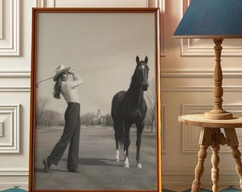 Black and White Woman with Horse Poster – Vintage Golf Swing Wall Art, Elegant Cowgirl Print, Western Minimalist Photography Decor