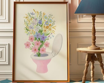Funny Floral Toilet Print: Retro Bathroom Humor Wall Art