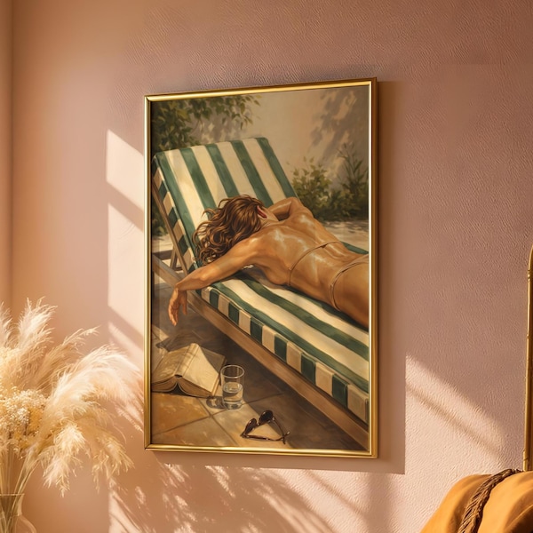 Vintage Woman Sunbathing Poster - Retro Pool Art Old Money Aesthetic Print - Sensual Female Figure Wall Art Summer Decor