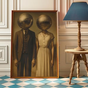 Impresión de personas con cabeza de bola de discoteca en el arte de los años 70 - Impresión artística de bola de discoteca - Decoración de bola de discoteca - Póster de bola de espejos - Póster vintage de cabeza de bola de discoteca
