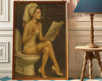 Woman With Cigarette And Newspaper Bathroom Wall Art - Vintage Cigarette Poster - Retro Bathroom Decor - Girl Sitting On Toilet Art Print