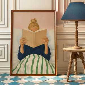 Woman Reading in Bed Poster - Book Lover Art Print - Reading Book Wall Art - Reading Nook Library Decor, Retro Girly Book Poster For Bedroom