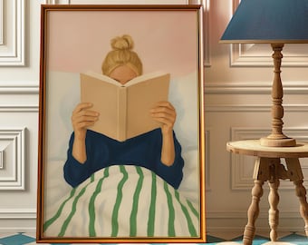 Woman Reading in Bed Poster - Book Lover Art Print - Reading Book Wall Art - Reading Nook Library Decor, Retro Girly Book Poster For Bedroom