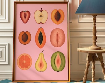 May include: A pink background with nine different fruits cut in half. The fruits include a strawberry, apple, peach, papaya, pear, kiwi, and grapefruit. The fruits are arranged in a grid pattern.
