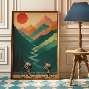 Fietsend koppel Art Print - schilderachtige muurkunst racefiets - fietsavontuurposter - bergfietsdecor - minimalistisch kunstwerk wielrenner