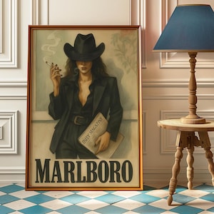 Impresión de póster vintage de cigarrillos del oeste - Impresión retro de vaquera Marlboro - Impresión artística vintage de Marlboro - Póster de modelo Marlboro - Impresión de cigarrillos