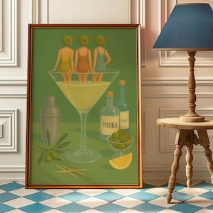Dirty Martini Bar Mid Century Modern Poster Druck - Frau in Martini Olive Kopf Kunstdruck - Vintage Martini Wandkunst - Retro Cocktail Poster