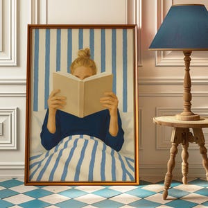 Woman Reading in Bed Poster - Book Lover Art Print - Reading Book Wall Art - Reading Nook Library Decor, Retro Girly Book Poster For Bedroom