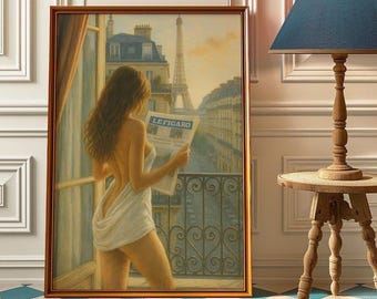 Woman Reading Newspaper in Paris Wall Art, Fashion Magazine Art, Old Money Aesthetic, Vintage Print, Girly Dorm Room Retro Aesthetic