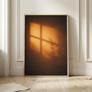 Sunset Window Shadow Print, Warm Terracotta Botanical Poster, Orange Aesthetic Wall Art, Minimalist Nature Decor, Cozy Warm Tone Room Print