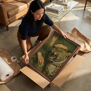 May include: A framed artwork featuring a leopard with an open mouth, wearing a pearl necklace, and a hand with jewelry on its head. The artwork is in a cardboard box, with bubble wrap and tape nearby.