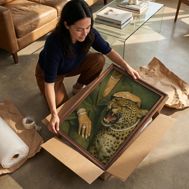 May include: A framed artwork featuring a leopard with an open mouth, wearing a pearl necklace, and a hand with jewelry on its head. The artwork is in a cardboard box, with bubble wrap and tape nearby.