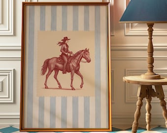 Vintage Striped Cowgirl Print - Striped Rodeo Poster - Western Bedroom Decor - Rustic Mid Century Modern Cowboy Wall Art - Retro Horse Print