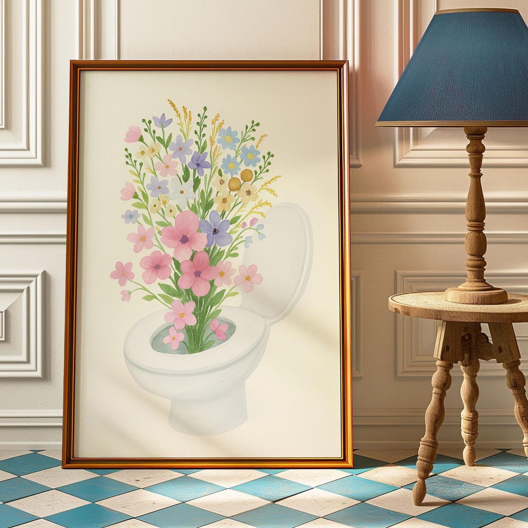 Funny Floral Toilet Print: Retro Bathroom Humor Wall Art - Etsy