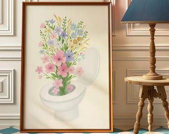 Funny Floral Toilet Print: Retro Bathroom Humor Wall Art