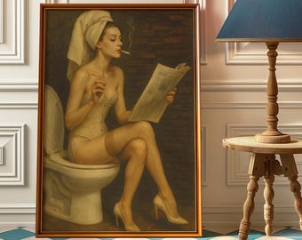 Woman With Cigarette And Newspaper Bathroom Wall Art - Vintage Cigarette Poster - Retro Bathroom Decor - Girl Sitting On Toilet Art Print