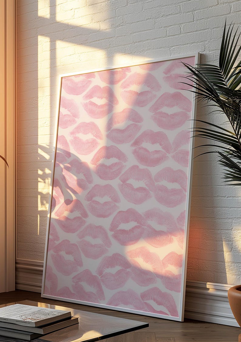 May include: A framed art print featuring a pattern of pink lipstick kiss marks on a white background. The artwork is leaning against a white brick wall, with sunlight casting shadows across the surface. The frame is white.