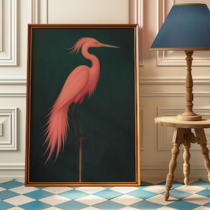 May include: A framed painting of a pink heron standing on a branch against a dark green background.