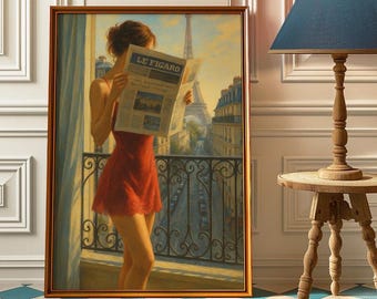 Woman Reading Newspaper in Paris Wall Art, Fashion Magazine retro wall Art, Old Money Aesthetic, Vintage Print