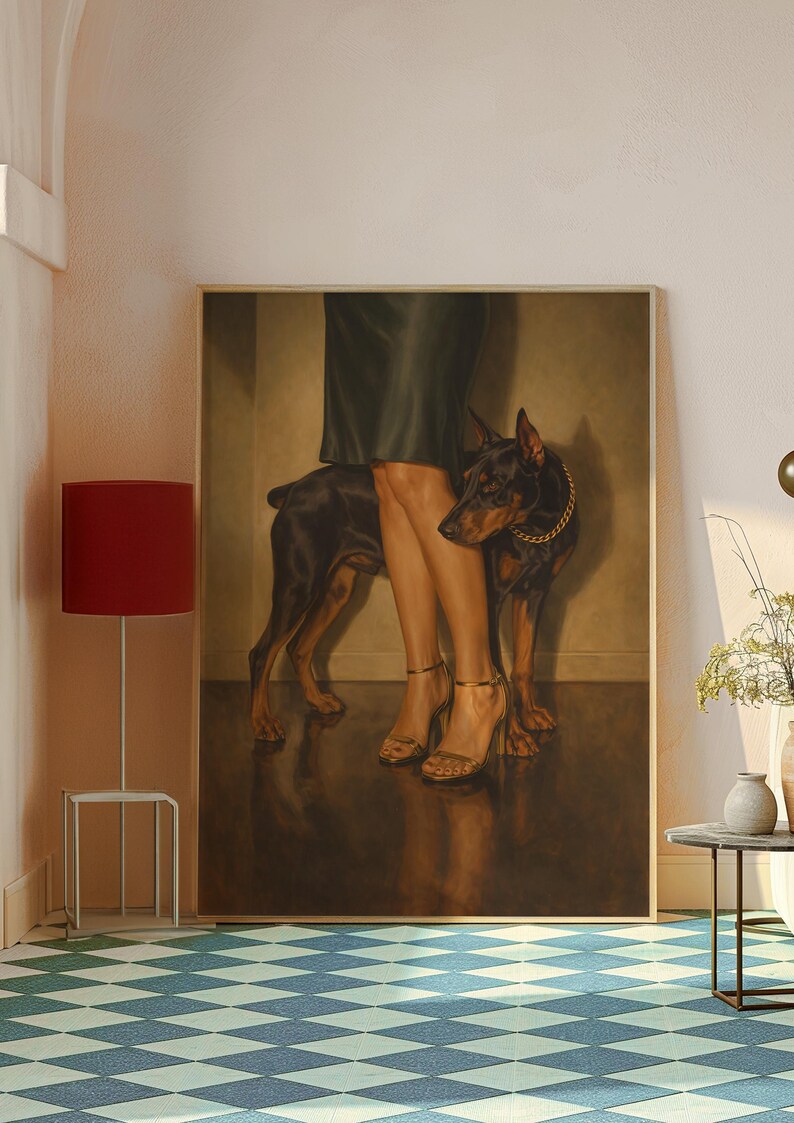 Femme Fatale Doberman Poster, Woman With Doberman Wall Art, Vintage Gothic Glam Print, Strong Feminine Artwork, Elegant Dog Portrait Decor image 16