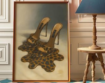 Plakat z wysokim obcasem w panterkę – sztuka ścienna w stylu retro glamour – dekoracja w stylu vintage z obcasami w panterkę – grafika z topiącymi się butami w panterkę, dziewczęcy wydruk artystyczny