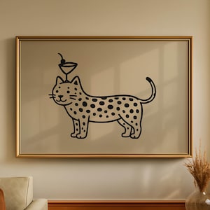 Leopard Cocktail Print - Minimalist Hand Drawn Wall Art for Kitchen or Bar Cart Decor – Quirky Animal Print for Leopard Lovers - Preppy Art