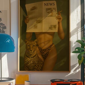 May include: A framed artwork featuring a woman holding a newspaper with the headline "NEWS", a leopard, and a cigarette. The woman wears leopard print underwear. The artwork is displayed above a red shelf with a record player.