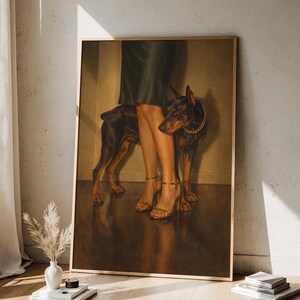 Femme Fatale Doberman Poster, Woman With Doberman Wall Art, Vintage Gothic Glam Print, Strong Feminine Artwork, Elegant Dog Portrait Decor image 10