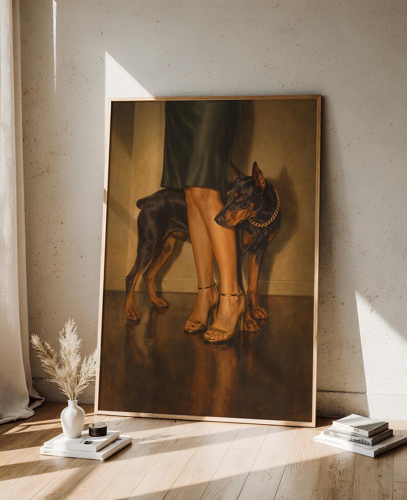 Femme Fatale Doberman Poster, Woman With Doberman Wall Art, Vintage Gothic Glam Print, Strong Feminine Artwork, Elegant Dog Portrait Decor image 10