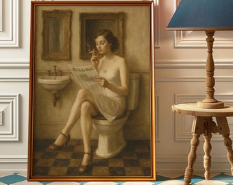 Woman With Cigarette And Newspaper Bathroom Wall Art - Vintage Cigarette Poster - Retro Bathroom Decor - Girl Sitting On Toilet Art Print
