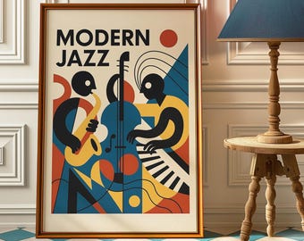 Modern Jazz Art Print: Mid-Century Saxophone & Piano Cubist Artwork