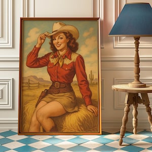 Vintage Cowgirl Poster - Western Wall Art - Retro Rodeo Girl Print - Country Western Decor - Pinup Style Art - Rustic Western Gift for Her