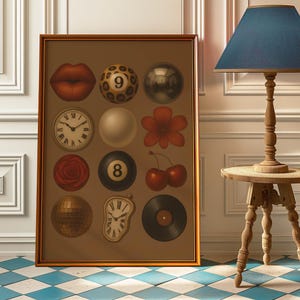 May include: A framed artwork featuring a collection of surrealist images. The artwork includes a pair of red lips, a billiard ball with the number 8, a clock, a rose, a disco ball, a vinyl record, a flower, cherries, and a sphere.