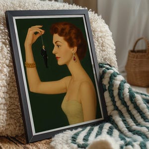 以下が含まれることがあります： ミニチュアの男性を持つ女性のヴィンテージイラストが描かれた、額装されたアートプリント。 女性は赤毛、赤いイヤリング、黄色のドレスを着ています。 背景は濃い緑色です。 プリントは黒いフレームに入っています。