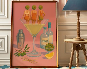 Dirty Martini Bar Mid Century Modern Poster Print - Woman In Martini Olive Head Art Print - Vintage Martini Wall Art - Retro Cocktail Poster