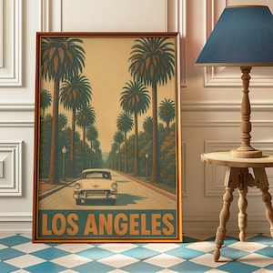 Vintage Los Angeles Poster Retro Travel Print | Mid Century Wall Art | LA Skyline Decor | California Art Print, Classic Car Palm Tree Poster