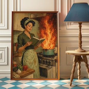 Rolig inramad väggkonst för kök, vintage hemmafruposter, retro matlagningstryck, konst med eld i köket, inramad affisch