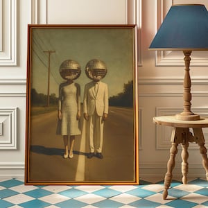 Impresión de personas con cabeza de bola de discoteca en el arte de los años 70 - Impresión artística de bola de discoteca - Decoración de bola de discoteca - Póster de bola de espejos - Póster vintage de cabeza de bola de discoteca