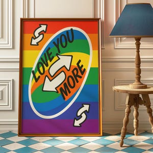 LGBTQ Trendy Love You More-print, LGBTQ Uno-reverse-kunst, retro speelkaartposter, preppy Gay Pride-decor, Rainbow Love-decor voor stellen