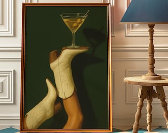 Poster Martini op witte cowgirllaarzen, vintage olijfcocktail kunst aan de muur, retro barwagen decor, print western vuile martini - groene muurkunst