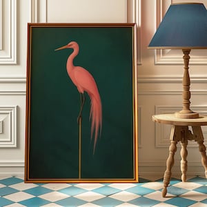 May include: A framed print of a pink bird with a long tail standing on a gold pole against a dark green background.