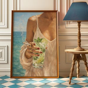 Retro Küsten Cocktail Poster Druck, Mojito Sommer Wandkunst, Vintage rauchende Frau Kunst, Beachy Ästhetisches Dekor, Feminine Bar Warenkorb Kunstwerk