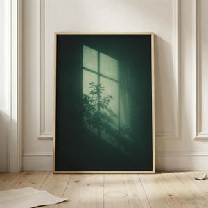 Può includere: Una stampa artistica incorniciata con una scena d'interni dai toni verdi. L'opera raffigura la silhouette di una pianta davanti a una finestra, con la luce che crea ombre. La cornice è in legno chiaro e l'estetica generale è minimalista.