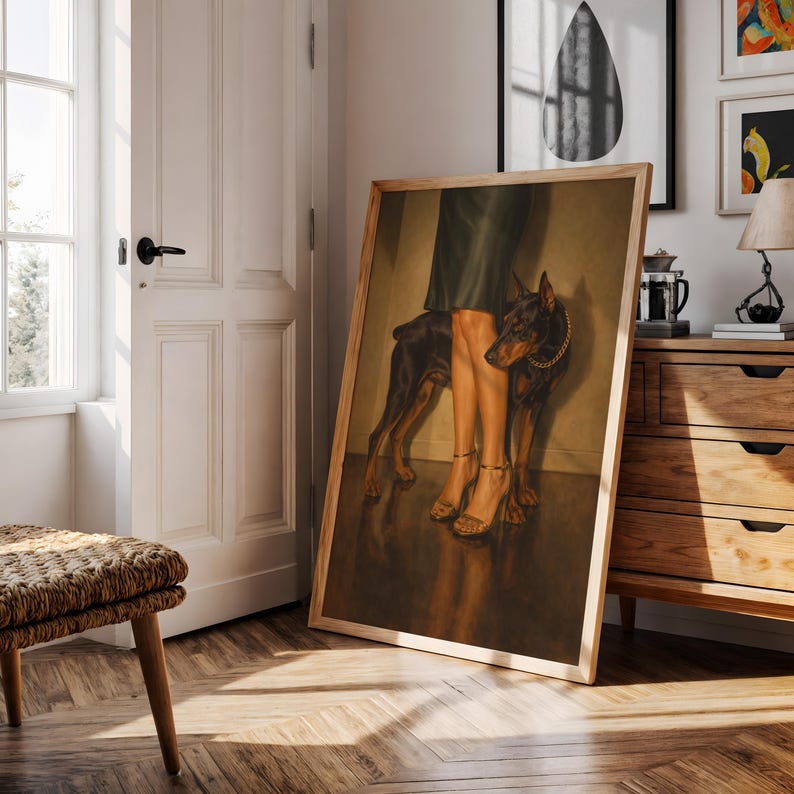 Femme Fatale Doberman Poster, Woman With Doberman Wall Art, Vintage Gothic Glam Print, Strong Feminine Artwork, Elegant Dog Portrait Decor image 9
